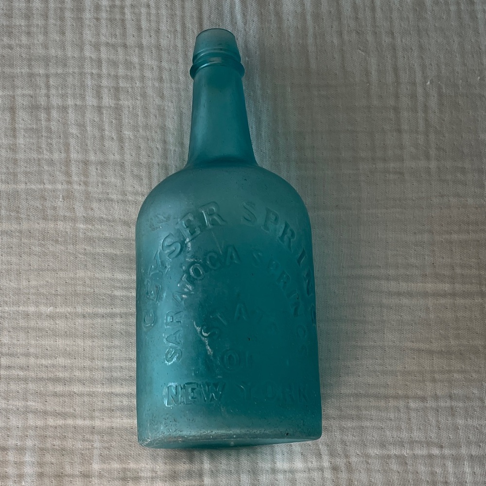 Saratoga Spring NY Geyser Spring Aqua Embossed Glass Bottle